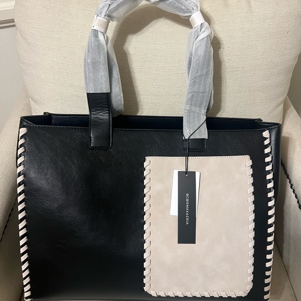 BCBGMaxAzria Black and Cream Tote with Woven Detail